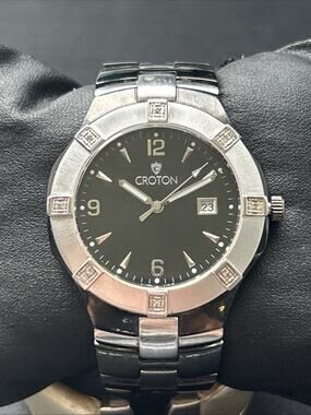Croton Black And Silver Diamond Accented Bezel Men’s Swiss Quartz Watch